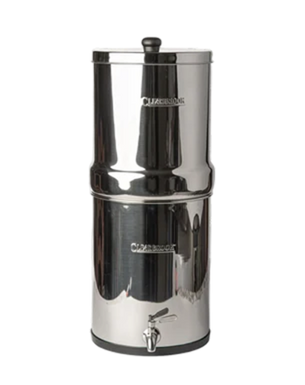 Stainless steel water filter on a white background
